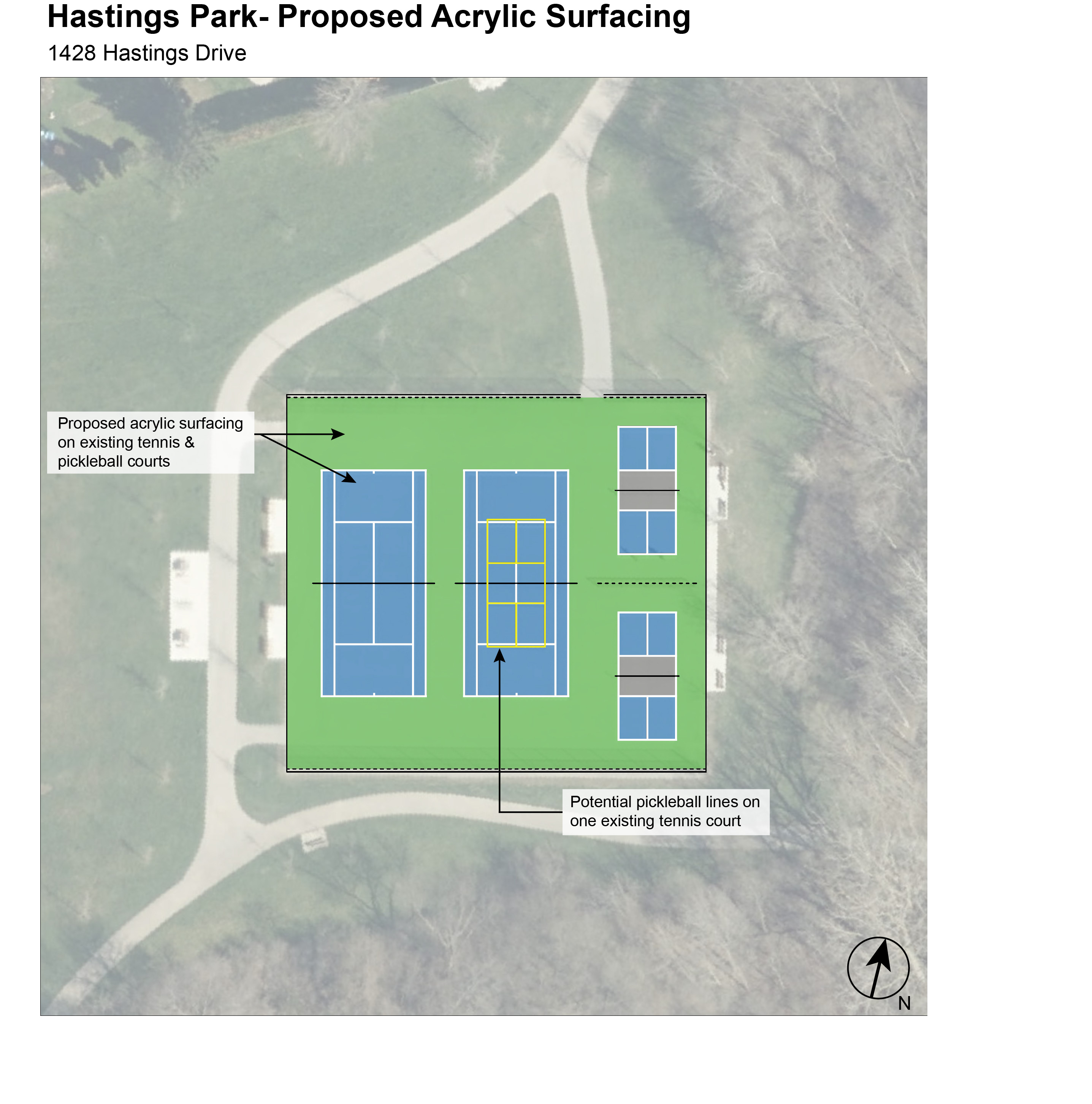 A green and blue map shows a concept plan for Hastings Park. The green space shows proposed acrylic surfacing and the blue shows the existing tennis and pickleball courts.