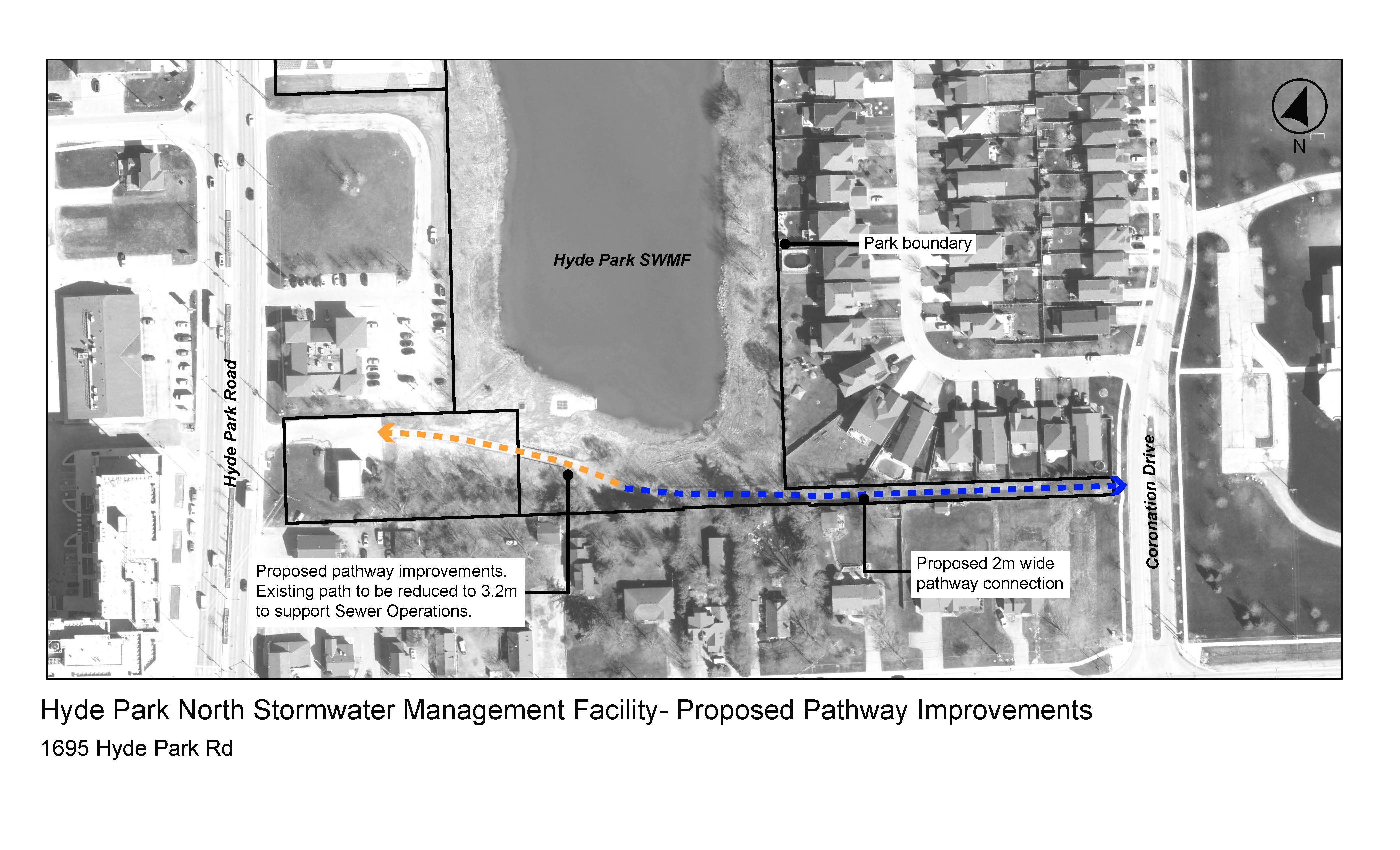 A black and white map shows a yellow and blue dotted line for proposed pathway improvements from Coronation Drive to Hyde Park Road, as part of the Hyde Park North Stormwater Management Facility concept plan.