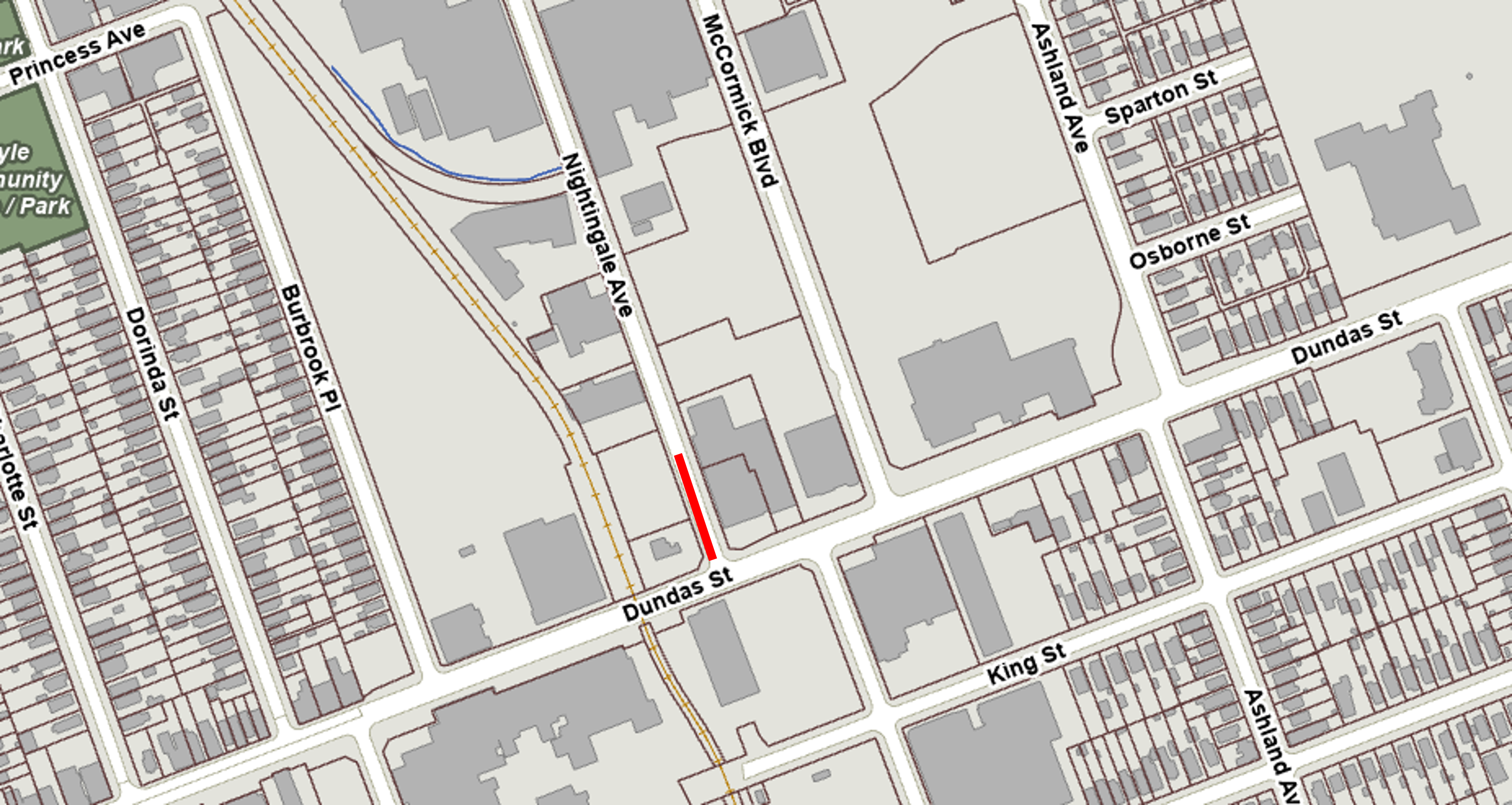 A map of the approximate limits of the upcoming temporary closure on Nightingale Avenue at Dundas Street.