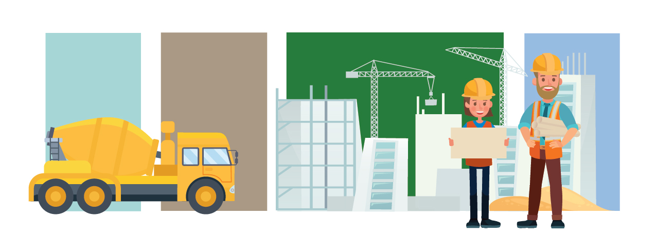 Graphic of construction workers with large construction truck in the background.