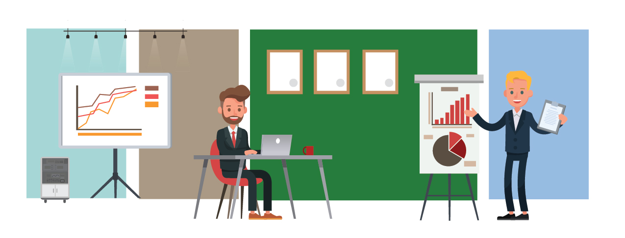 Graphic of finance professionals in an office setting reviewing finance charts.
