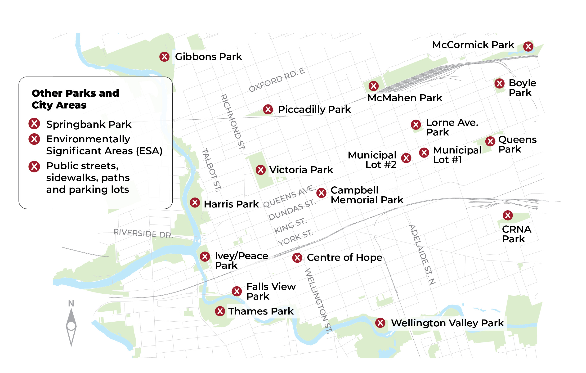 A map showing where encampments are prohibited in London, Ontario. 