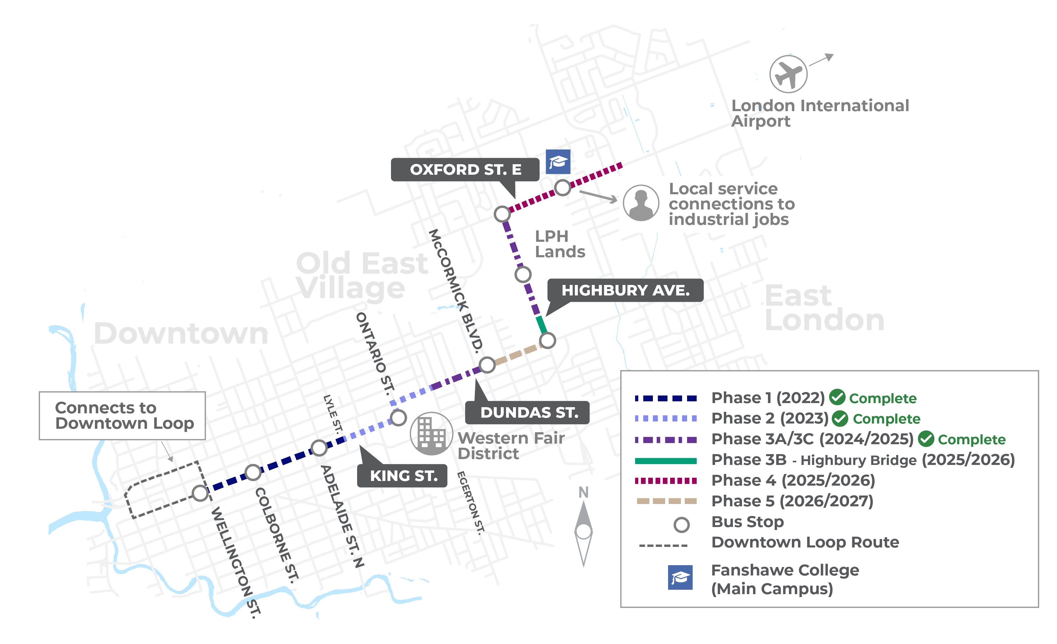 The map shows the planned construction phases for the East London Link project, including approximate timelines and completed phases.
