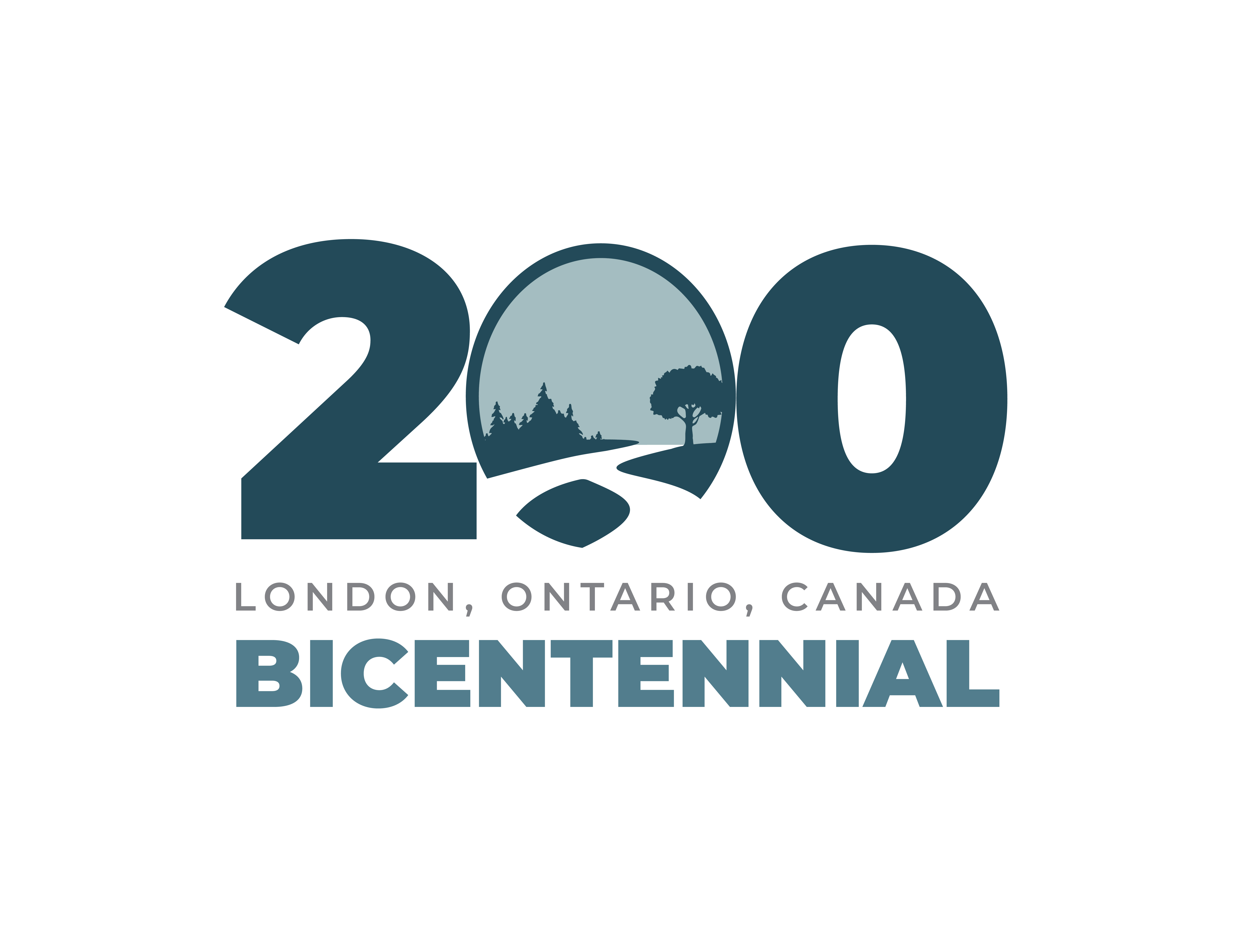 City of London's Bicentennial logo. 200 is featured with the Forks of the Thames illustrated in the zero. Below it reads "London, Ontario, Canada, Bicentennial"