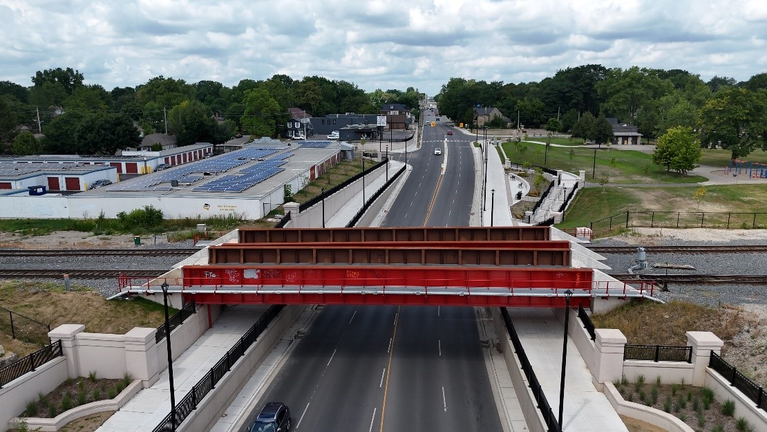 Aerial view of the Adelaide Underpass, eliminating train-related traffic interruptions on Adelaide Street.