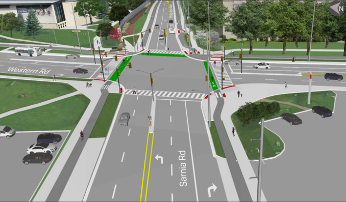 Conceptual rendering of the Western Road, Sarnia Road, Philip Aziz Avenue Corridor and Intersection project.