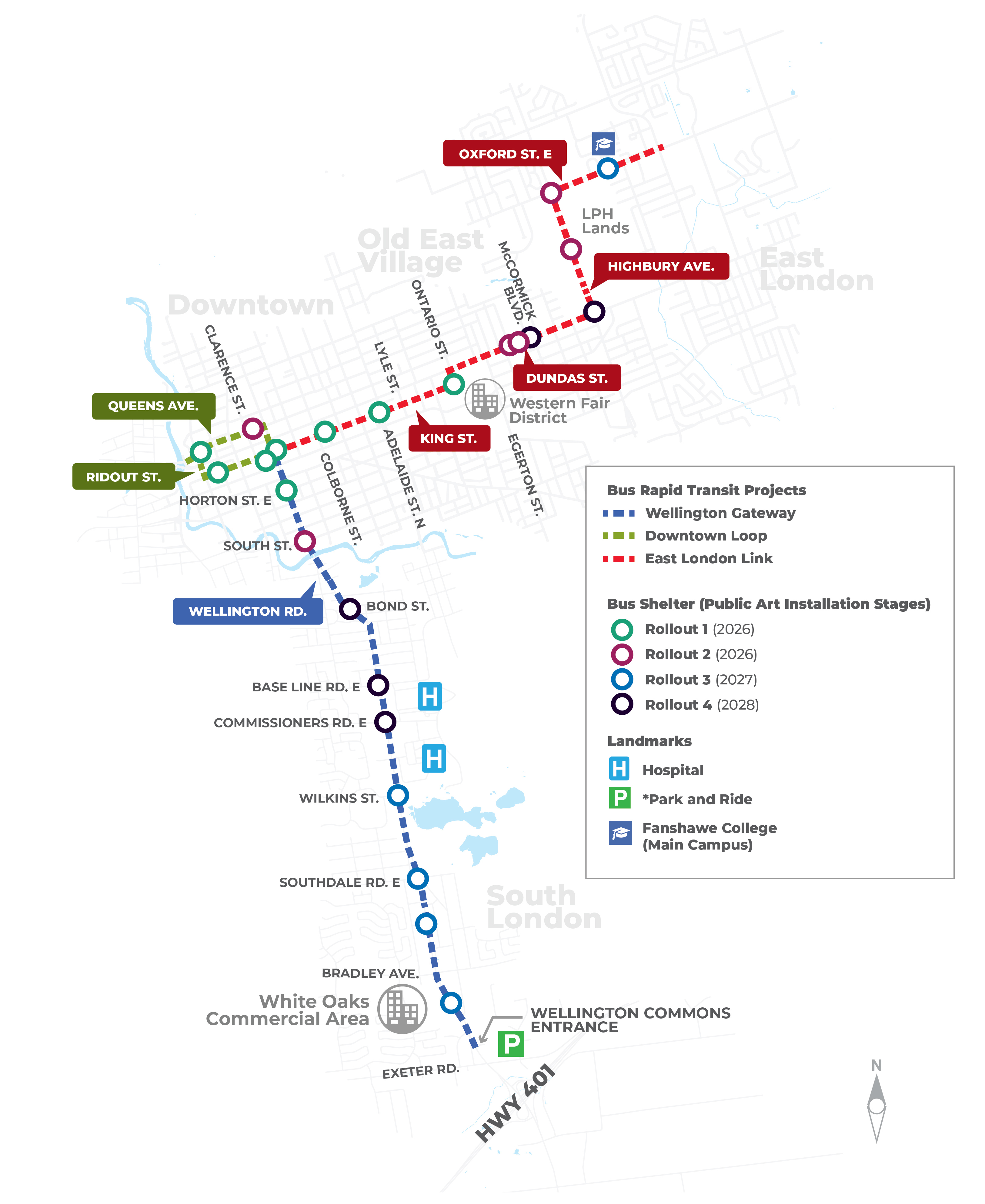 Map of Rapid Transit corridors, including the Downtown Loop, East London Link and Wellington Gateway, showing the stages of art installations across all planned and built Rapid Transit shelters.