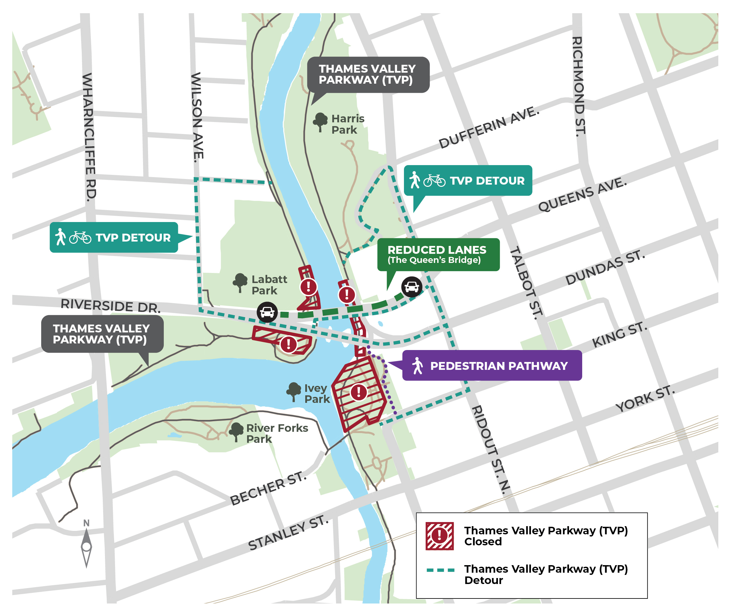 A map showing the impacted routes on The Queen's Bridge.
