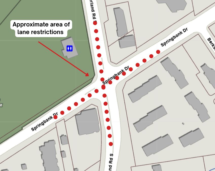 A map showing the impacted lanes on Wonderland and Springbank