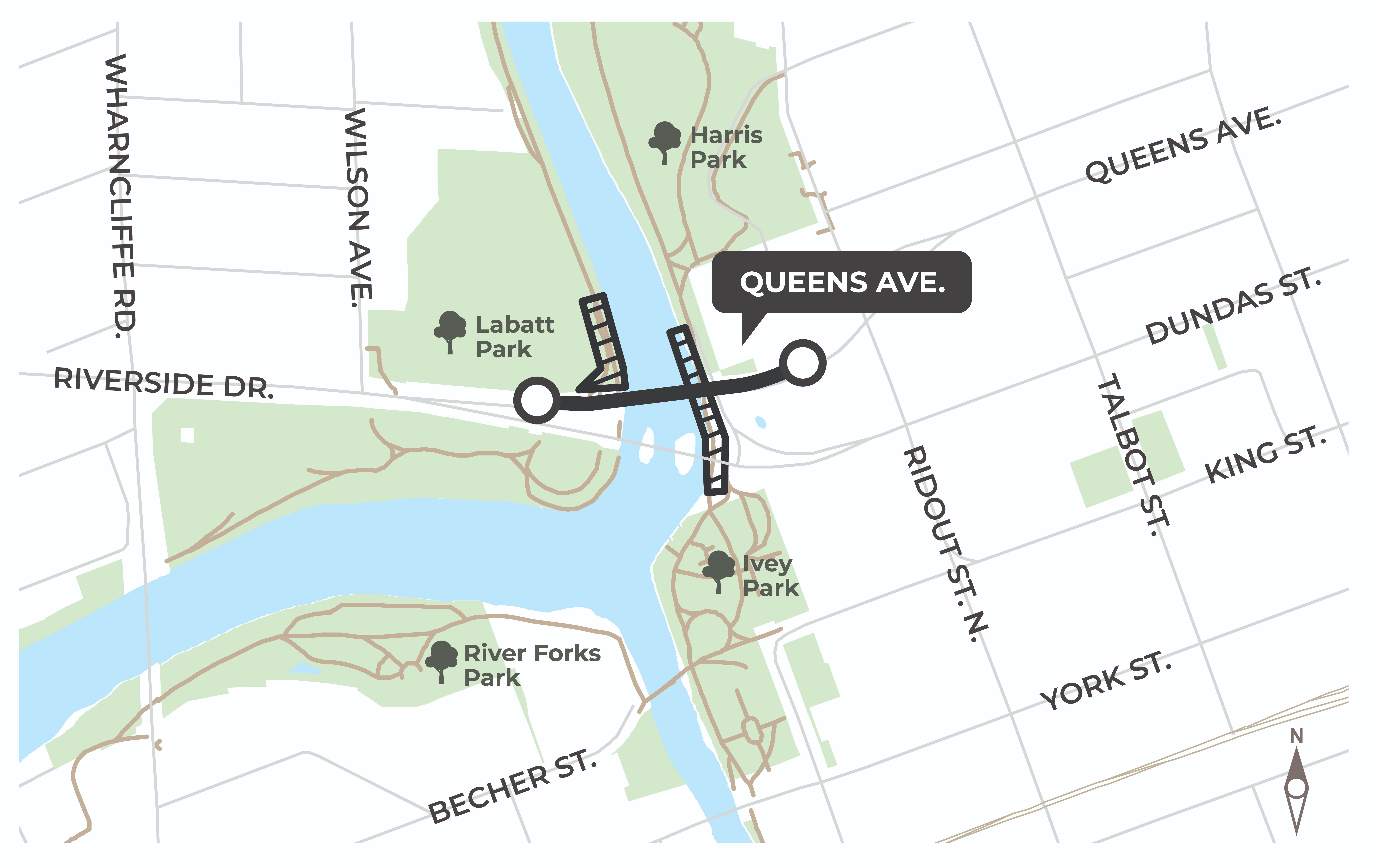 The Queen’s Bridge on Queens Avenue, from Ridout Street North to Wilson Avenue.