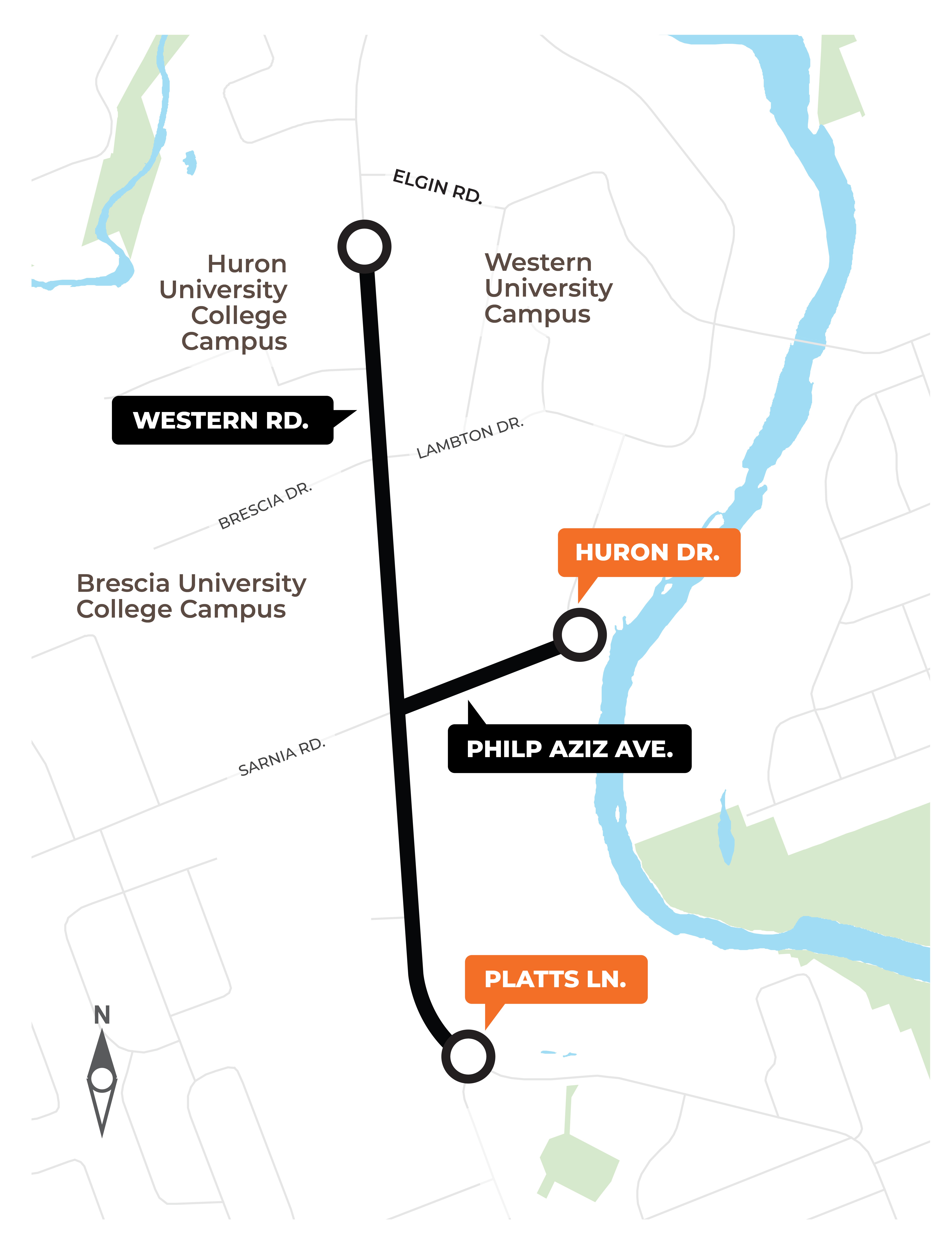 Western Road from Platt’s Lane to Burnlea Walk and Philip Aziz Avenue from Western Road to the Thames River