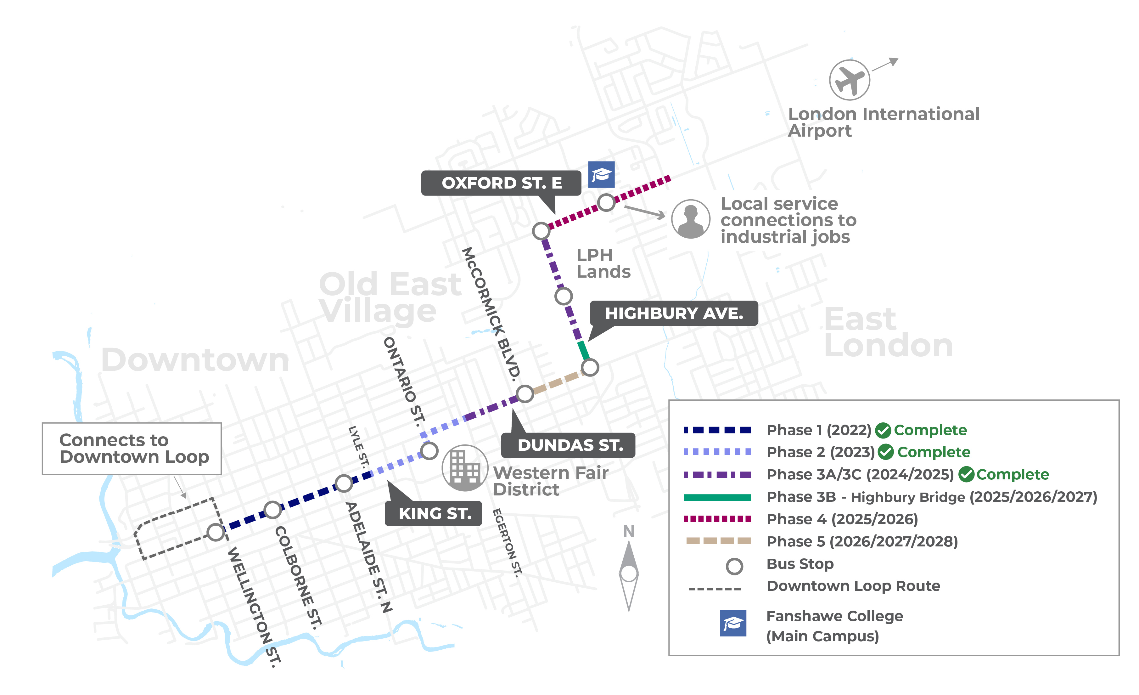 Above: The map shows the planned construction phases for the East London Link project, including approximate timelines and completed phases