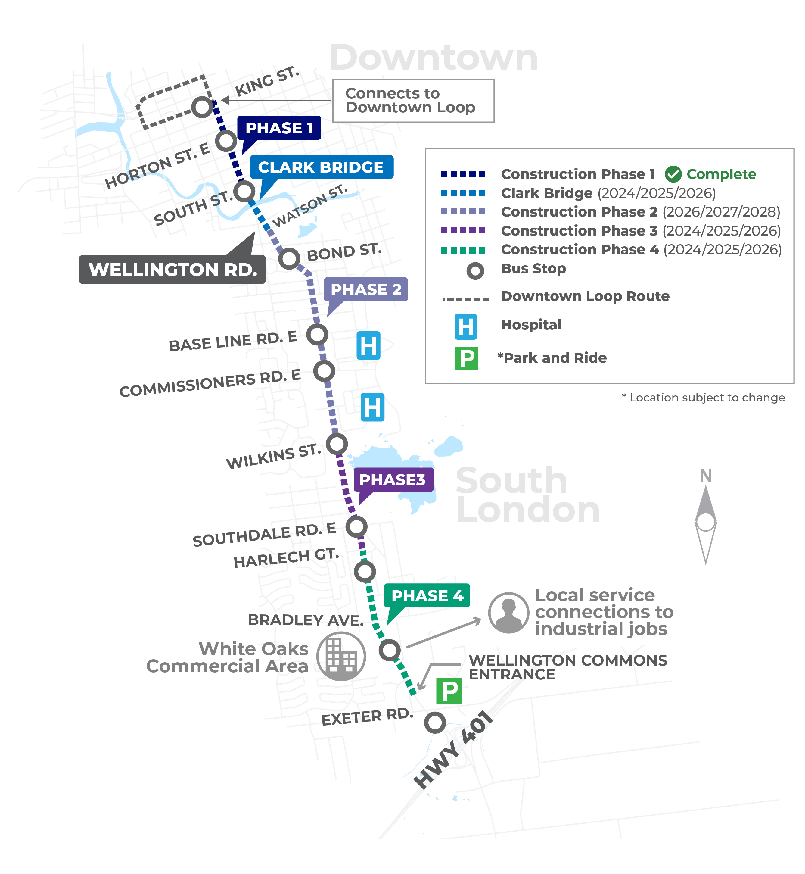 Above: The map shows the planned construction phases for the Wellington Gateway project, including approximate timelines and completed phases