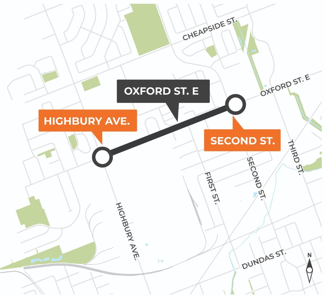 We’re constructing a part of the East London Link Rapid Transit route while upgrading underground pipes and services on Oxford Street between Highbury Avenue and Second Street