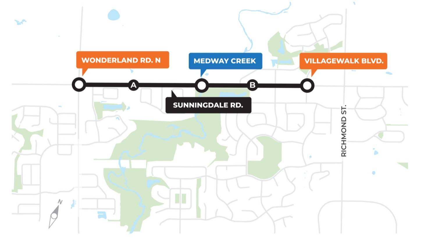 To improve traffic flow in this growing end of the city, we’re widening Sunningdale Road from Wonderland Road to Villagewalk Boulevard and making active transportation improvements. 