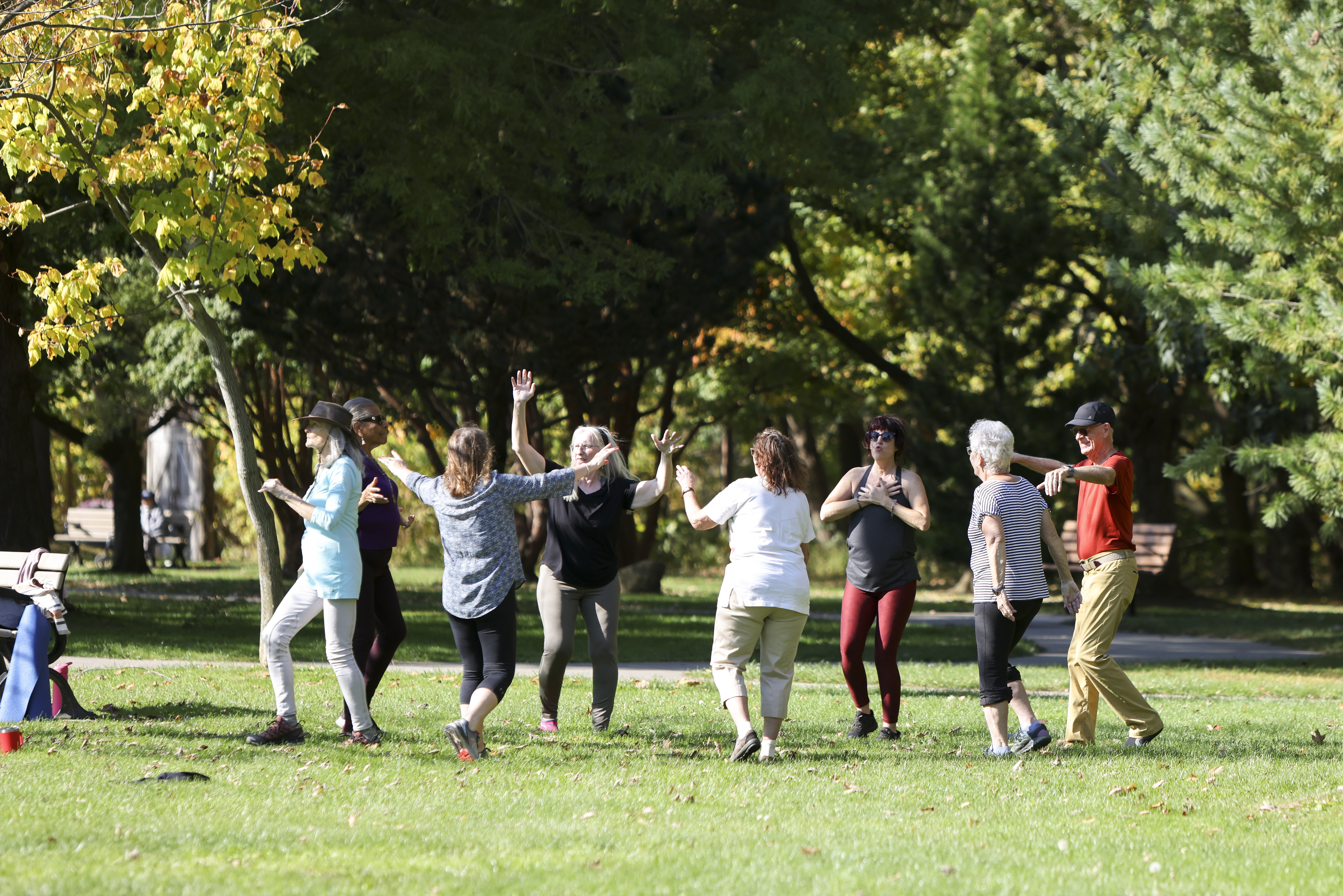 Seniors dancing in a park