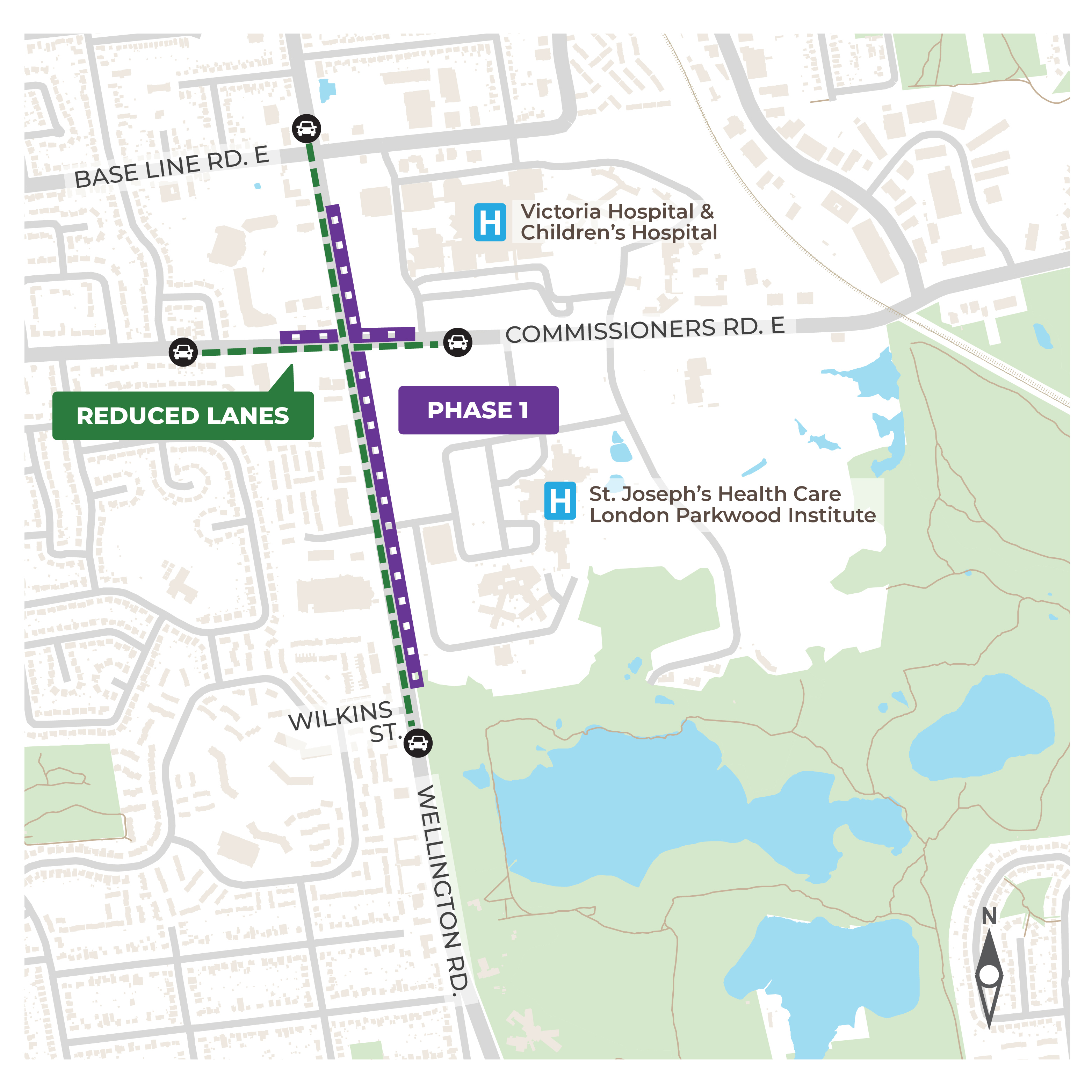 Above: Map showing traffic changes at Commissioners Road and Wellington Road.