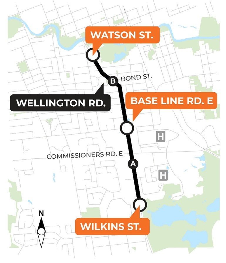 Map showing Wellington Gateway Phase 2 construction, including staging plans along Wellington Road 2A (Wilkins Street to Baseline Road East) and Wellington Road 2B (Baseline Road East to Watson Road).