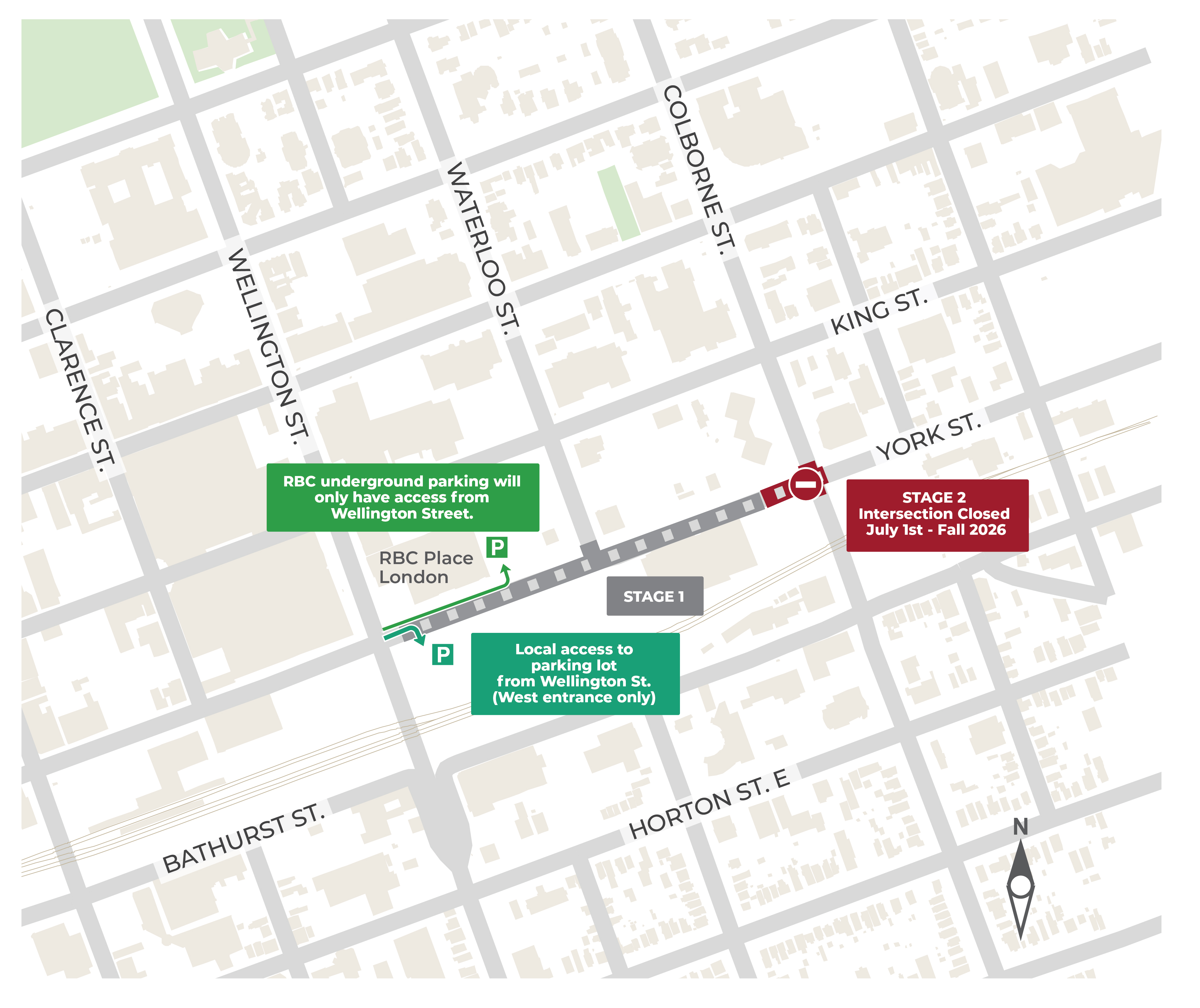 Map showing the York Street and Colborne Street intersection closure, ongoing construction on York Street between Wellington Street and Waterloo Street, and access to RBC Place London parking.