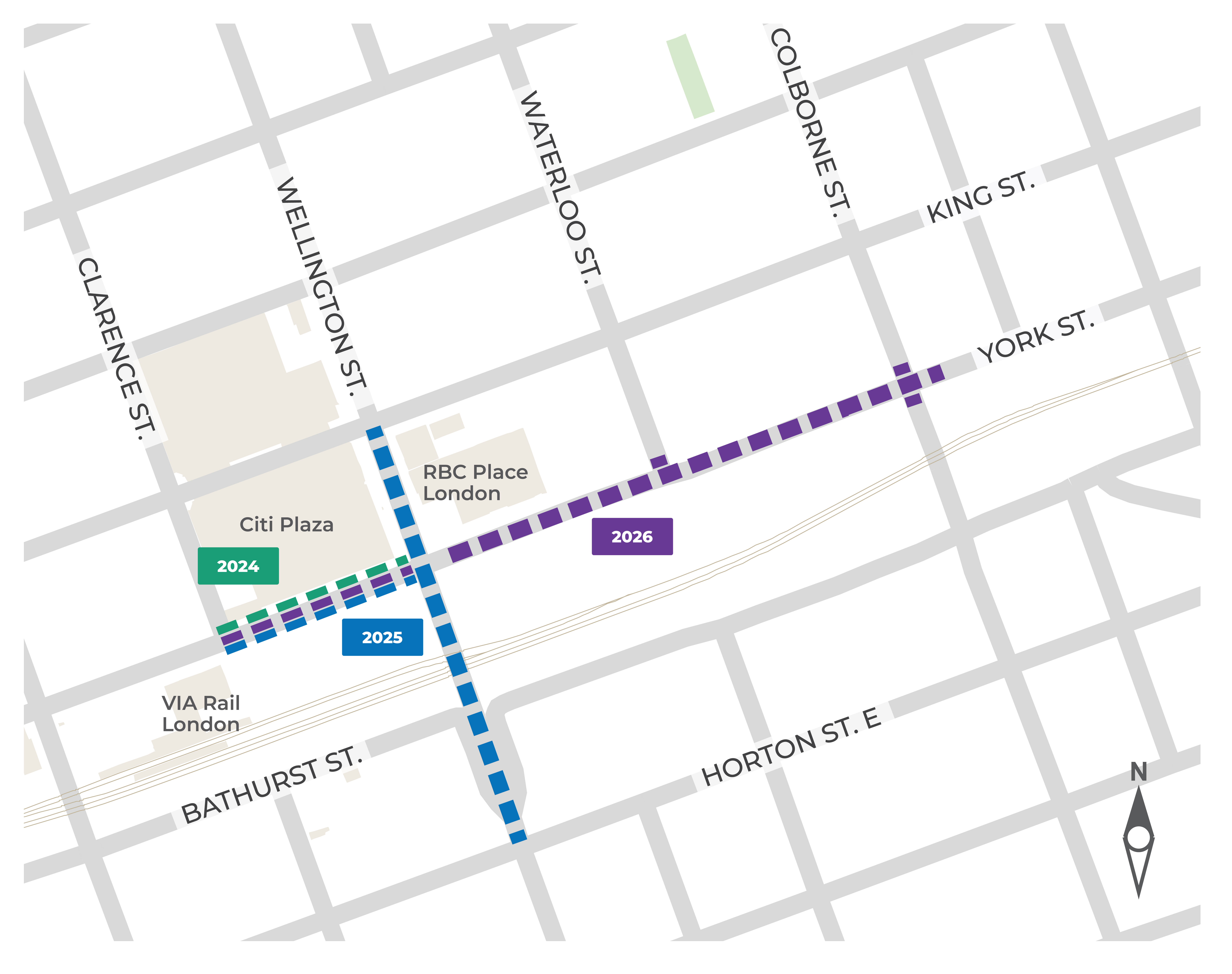 Map above shows construction timeline for York Street and Wellington Street, showing work completed from 2024–2025 and 2026 stages.