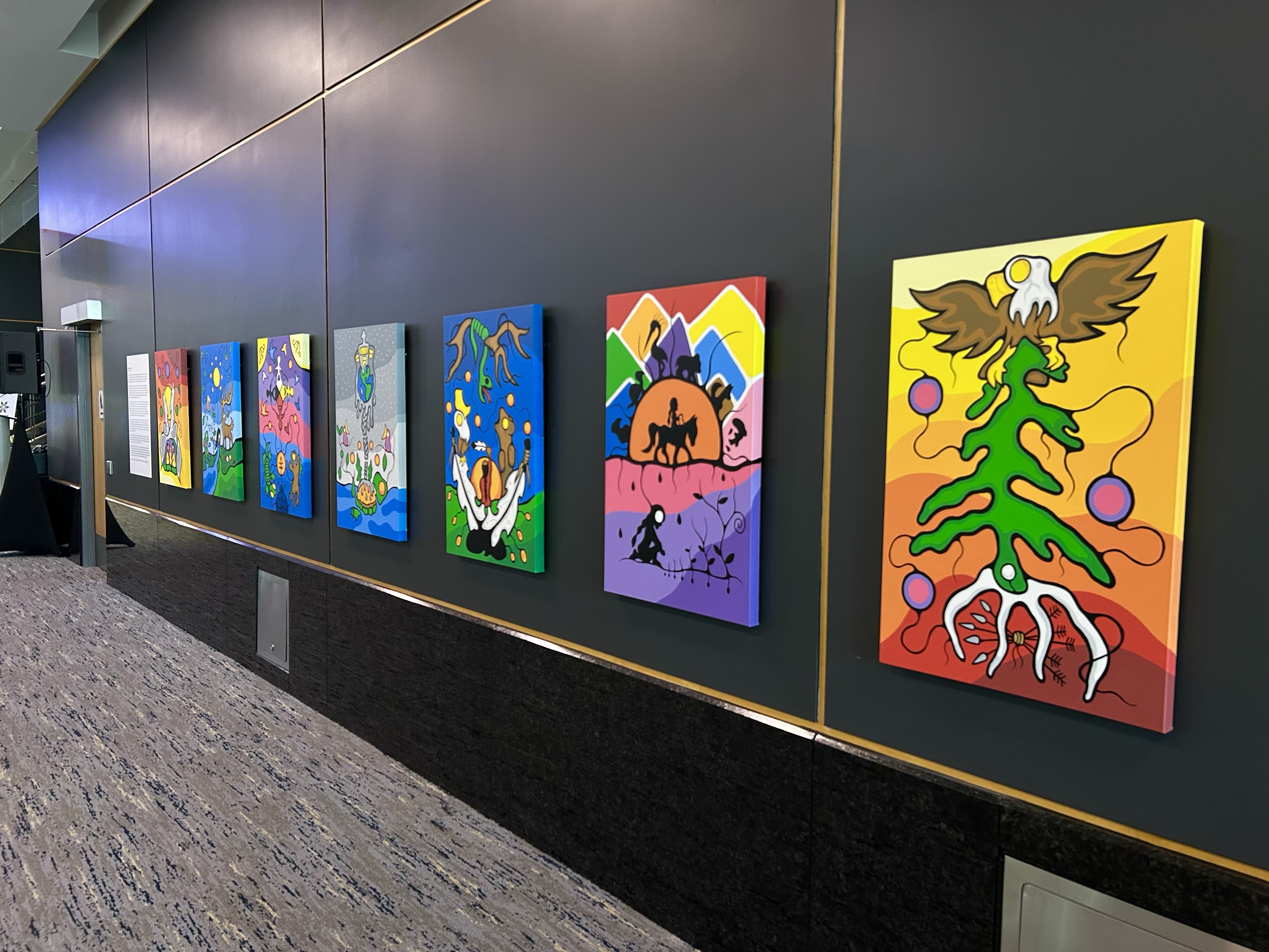 A series of seven colourful paintings