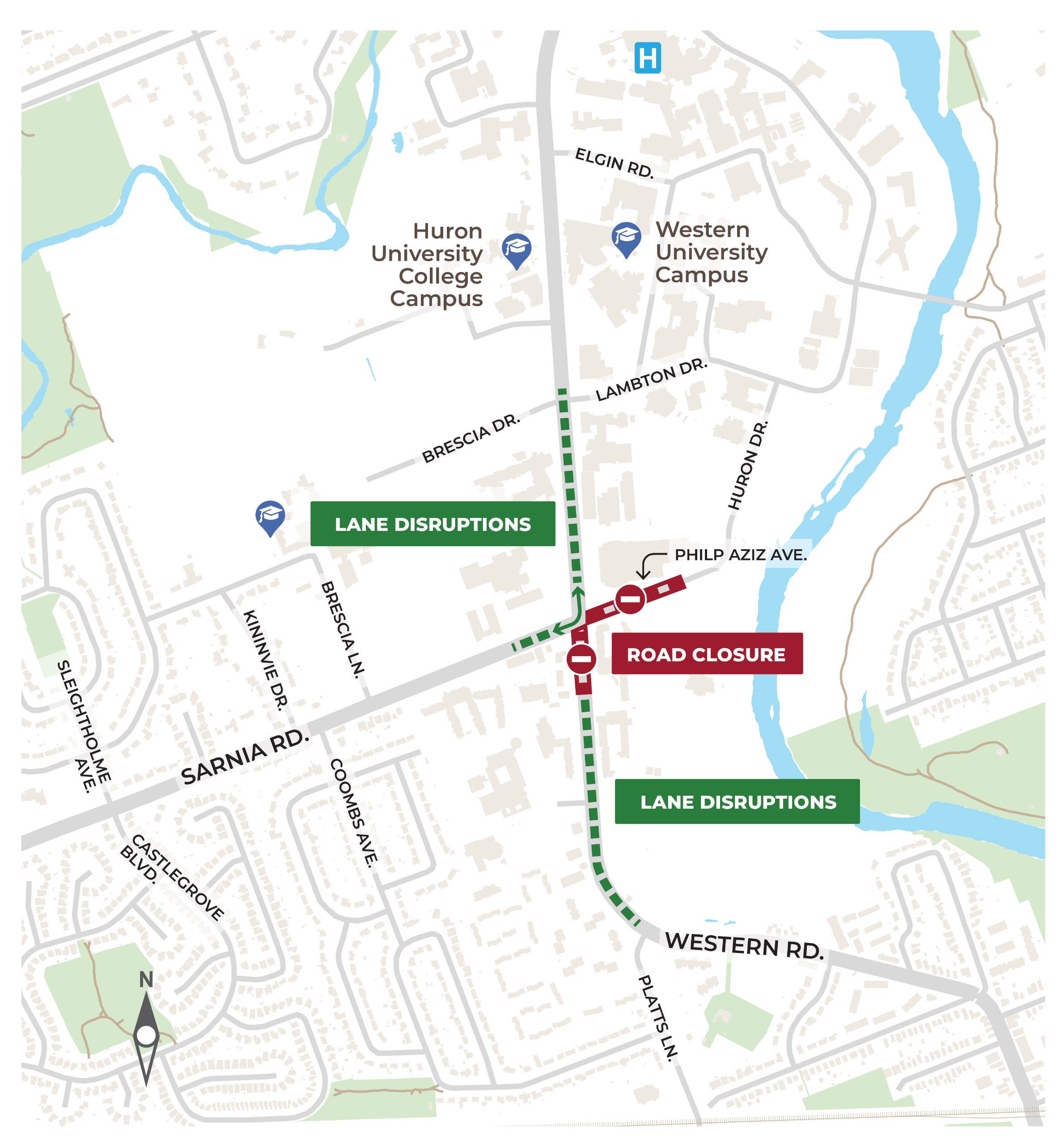 Above: A map showing the partially closed intersection on Western Road and Sarnia Road. 