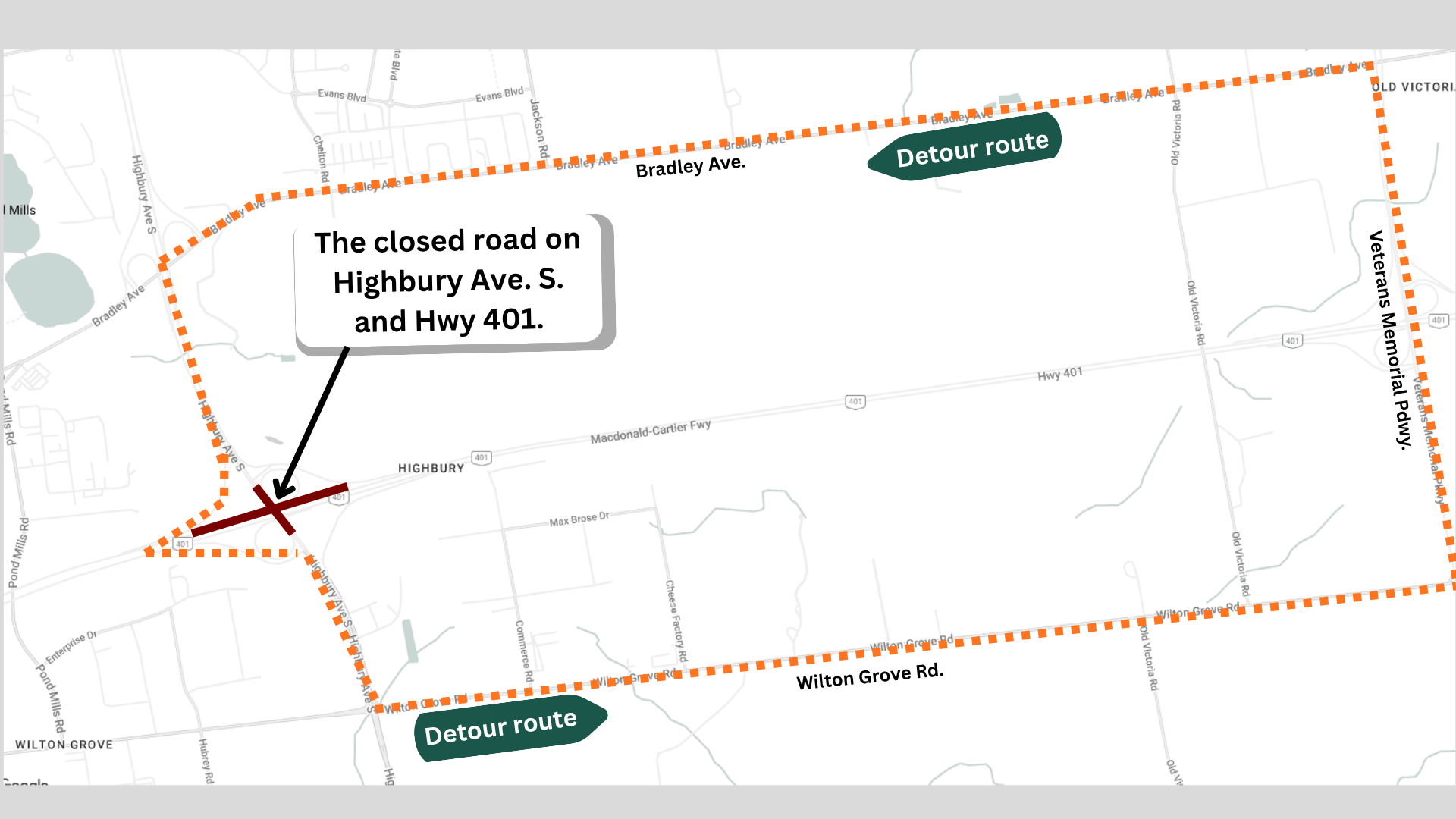 A map showing the closure of Highbury Ave and the Hwy 401 with detour routes.