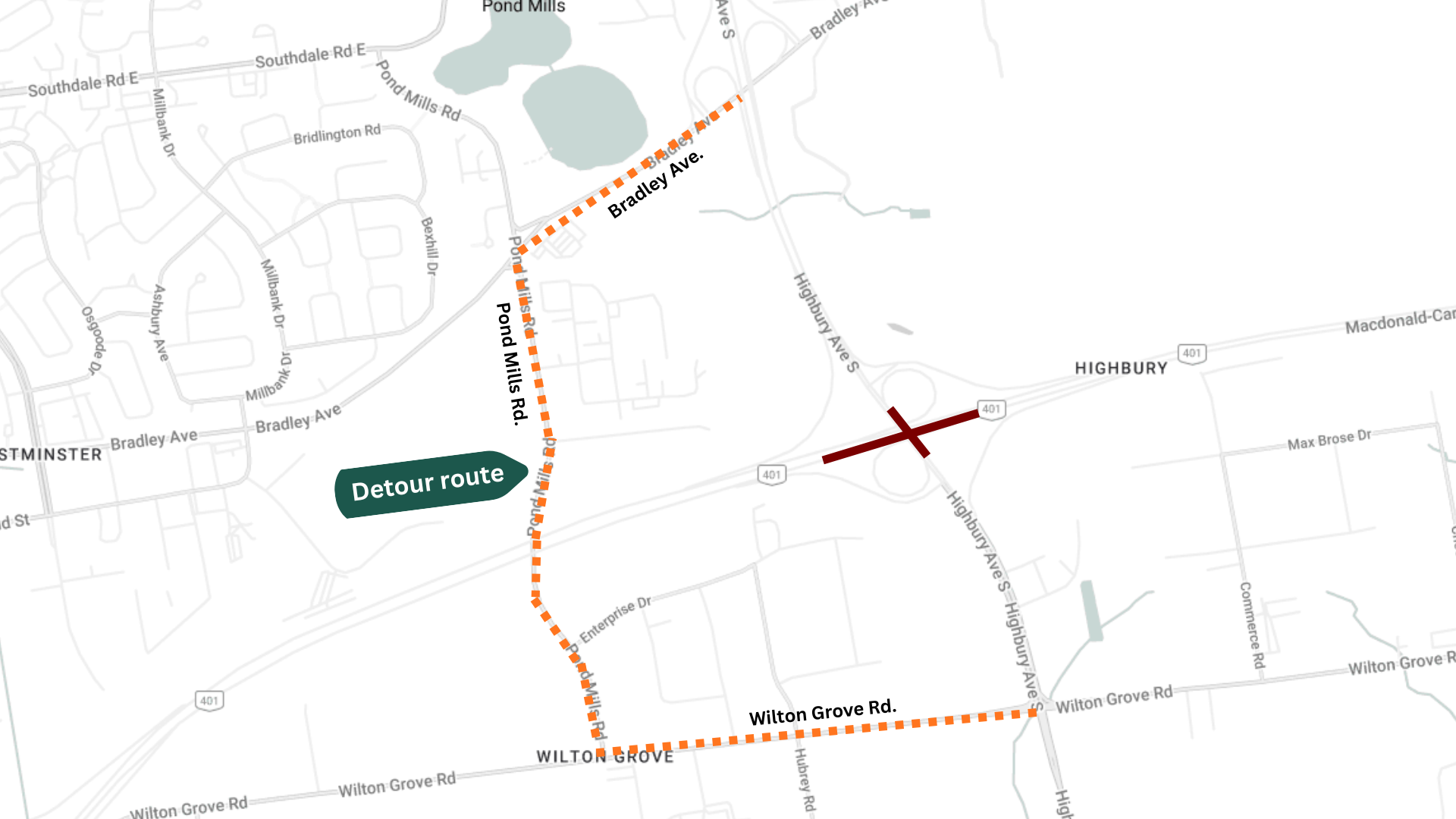 A map showing the closure on Highbury Ave. S. and the 401 along with a detour route.
