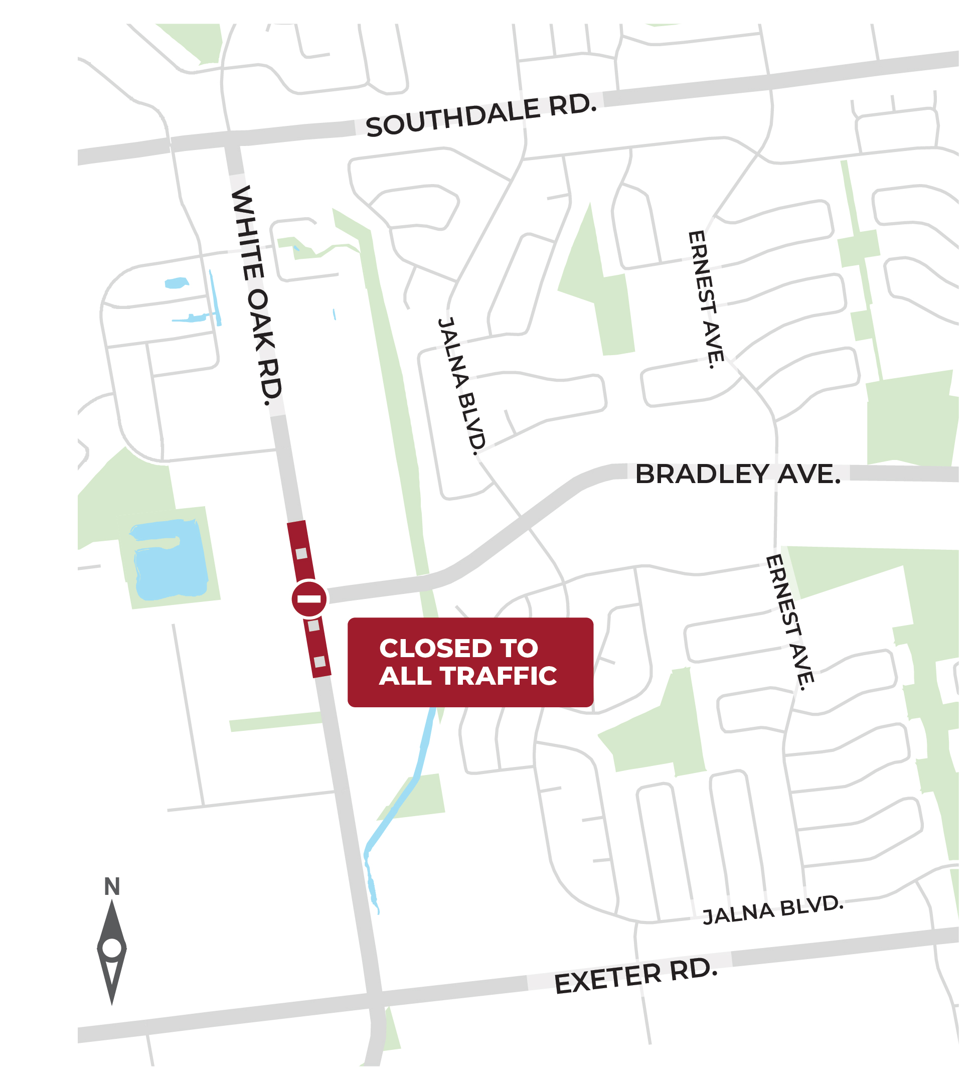 Map showing White Oak Road and Bradley Avenue intersection temporary closure.