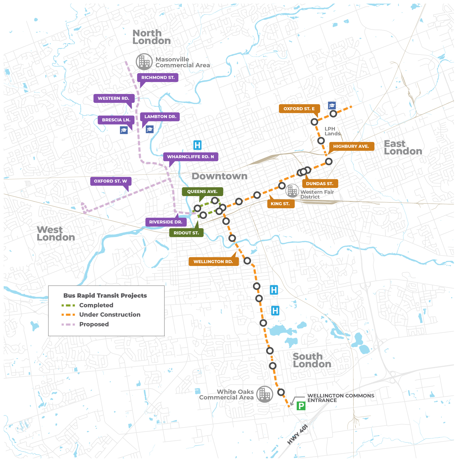 This map shows the future Rapid Transit North and West corridors. 