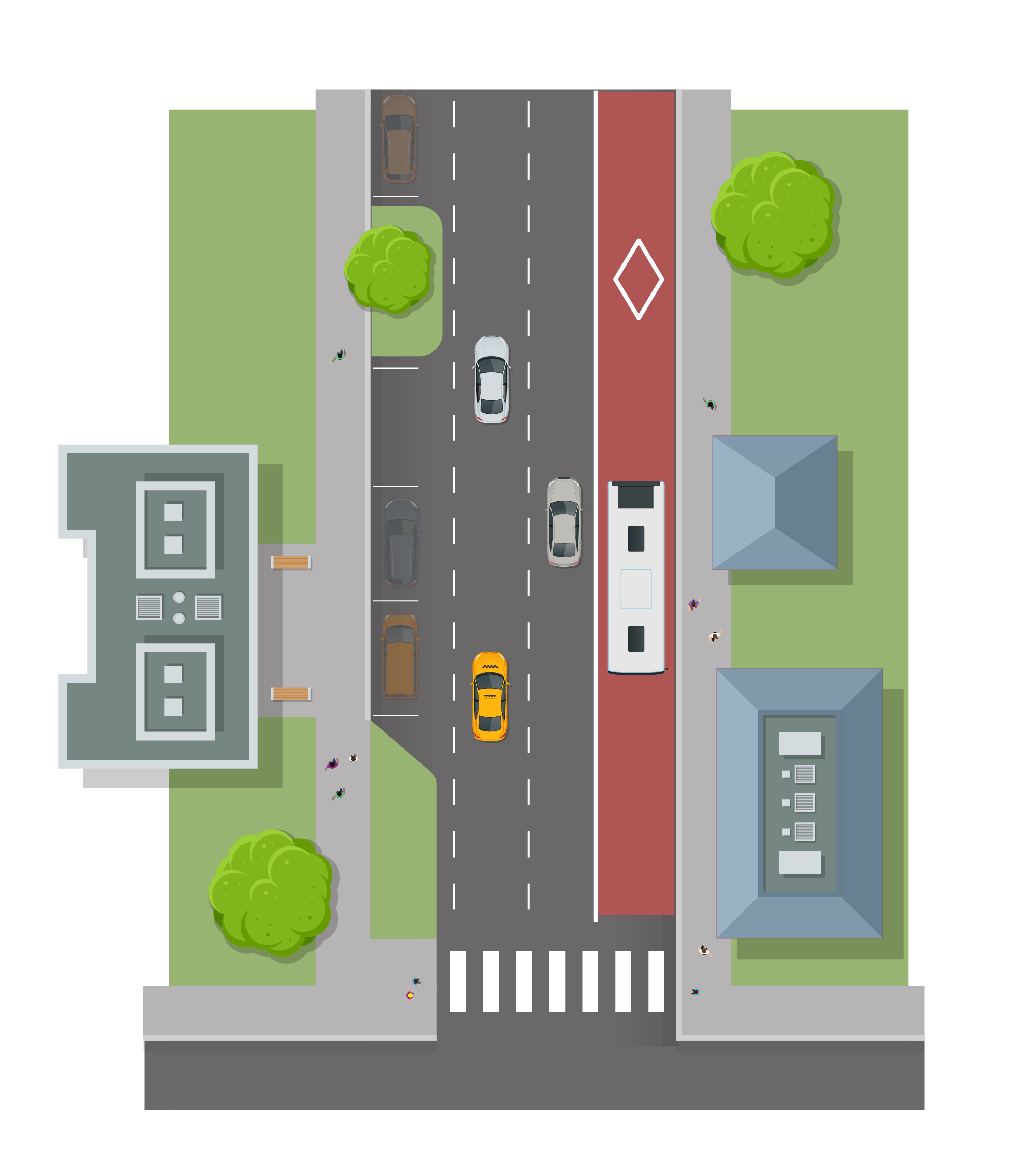 The same road space can be designed to support different ways of getting around. This example shows how space can be shared between vehicles, transit, walking, cycling and other uses, helping move more people and support more ways to travel as London grows.