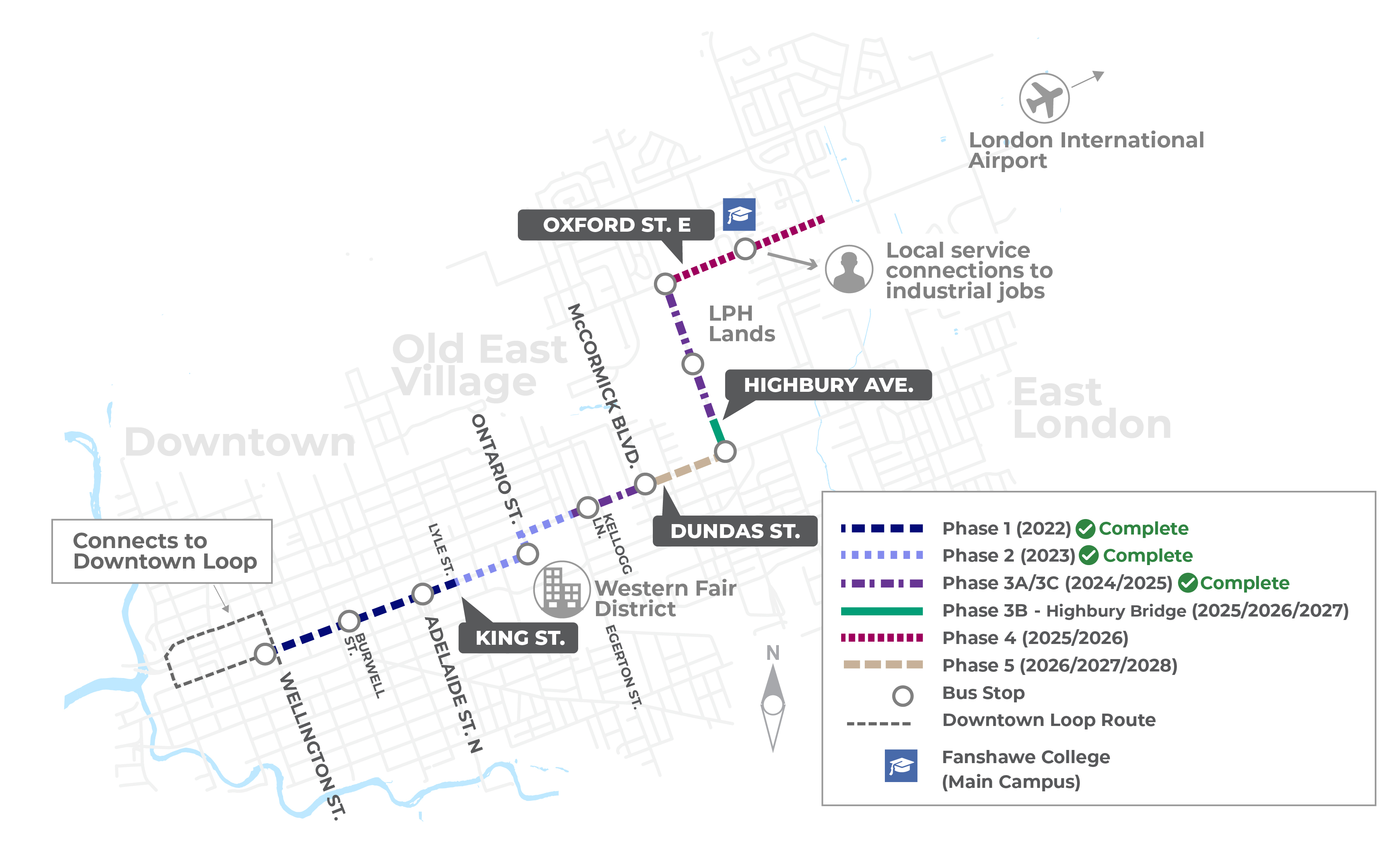 The map shows the planned construction phases for the East London Link project, including approximate timelines and completed phases