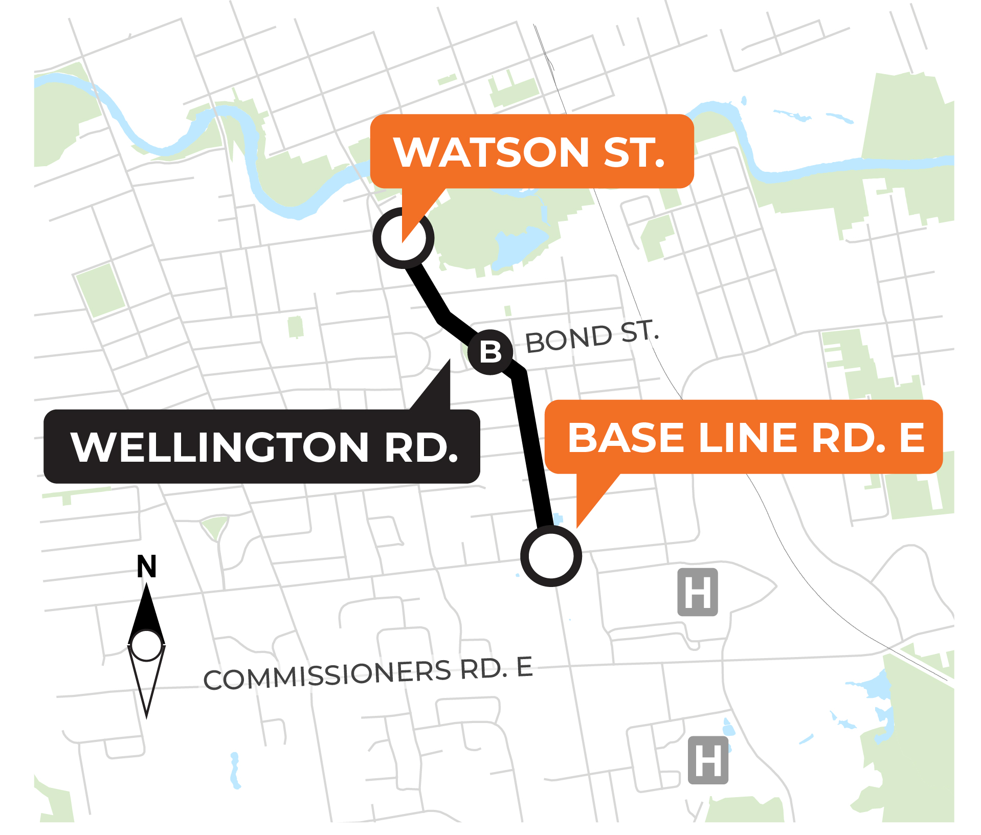 Map showing the Phase 2B construction area on Wellington Road, between Watson Street and Base Line Road East