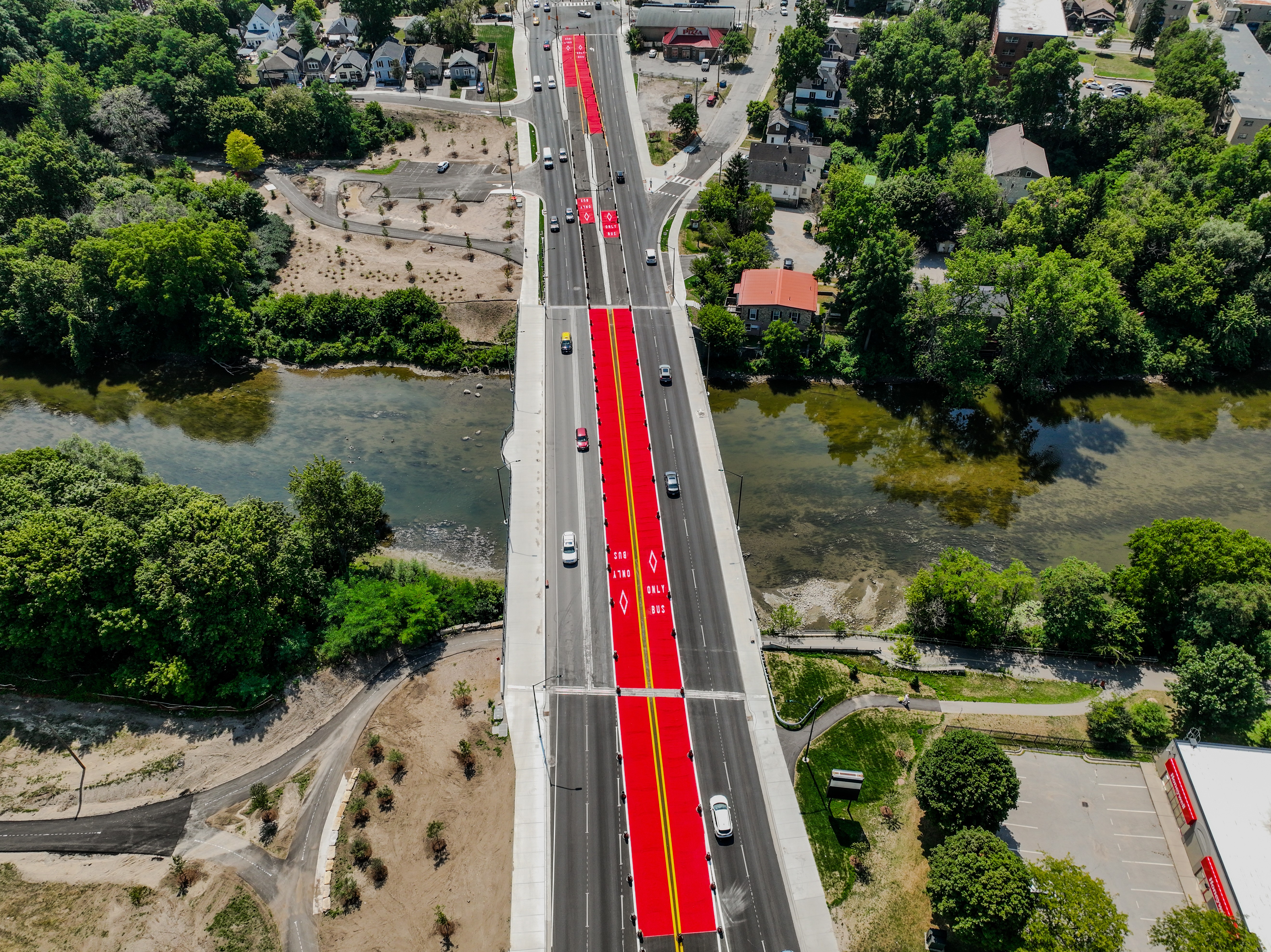 Aerial of The Clark's Bridge facing southbound along Wellington Road