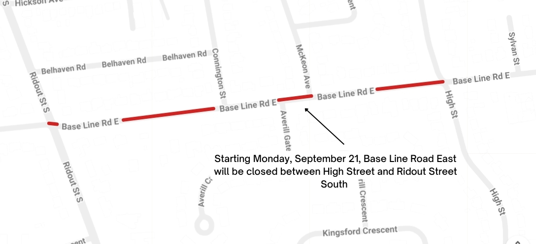 Above: Map showing closure on Base Line Road East between High Street and Ridout Street South