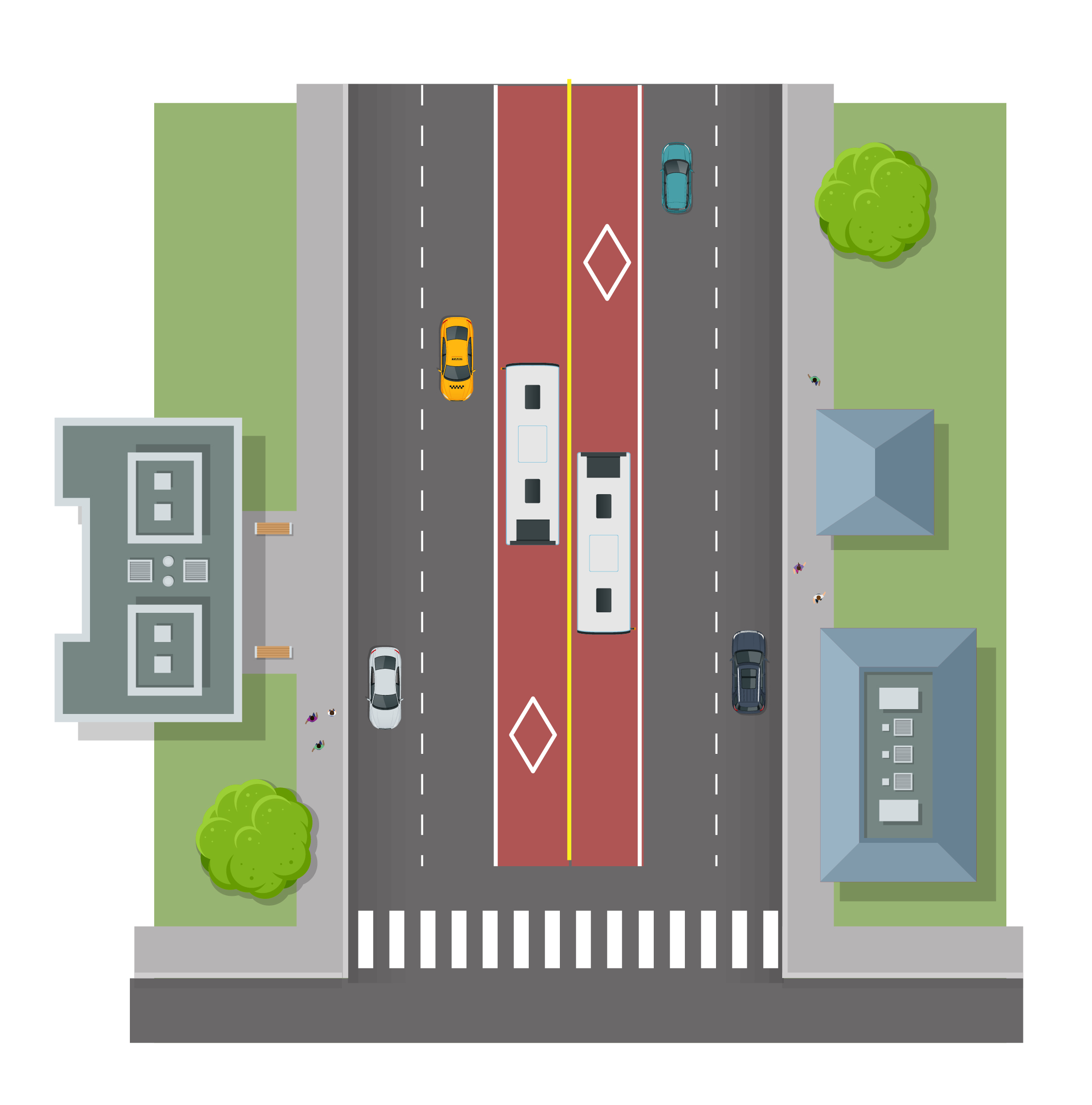 Above: A graphic showing the centre-running road configuration, with bus-only lanes in the centre of the road and regular traffic lanes on either side.