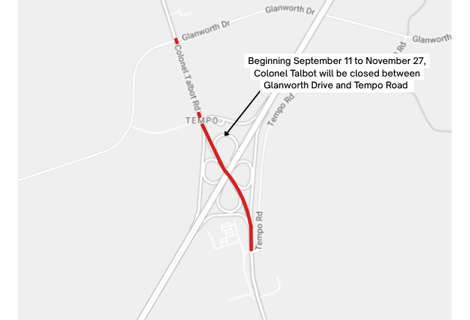 A map showing closure on Colonel Talbot Road between Glanworth Drive and Tempo Road