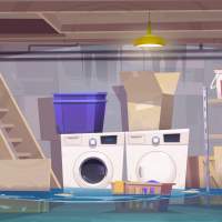 Illustration of a white laundry machine and dryer surrounded by an empty box, a purple tote, and a laundry basket with clothes in a flooded basement. 