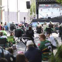 A crowd takes in the London Knights game on May 25 in Knights Court on Dundas Place.