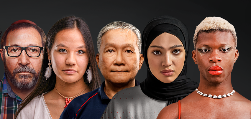 Group of diverse models looking into the camera with a serious facial gesture.