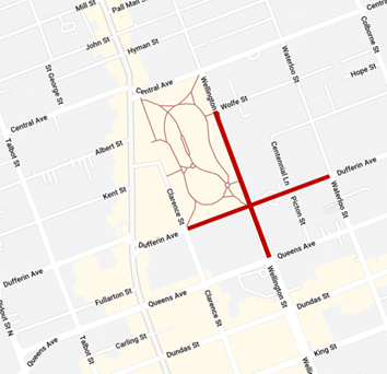 Two red lines show road closures on a map of downtown London for Nov. 11: Dufferin Avenue will be closed between Clarence Street and Waterloo Street and Wellington Street will be closed between Wolfe Street and Queens Avenue.