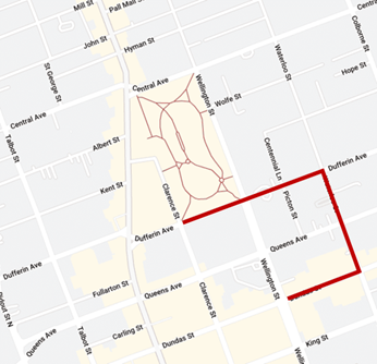 Three red lines on a map of downtown London show where the roads will be closed on Nov. 11 from 10 am until 12:30 pm: Dundas Street from Wellington Street to Waterloo Street, Waterloo Street from Dundas Street to Dufferin Avenue, and Dufferin Avenue from Waterloo Street to Clarence Street.