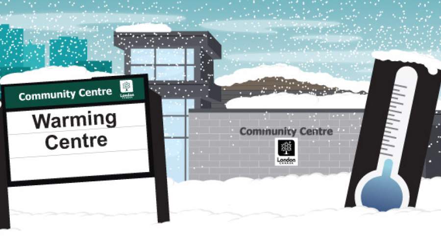 Sign in front of a community centre that says Warming Centre. 