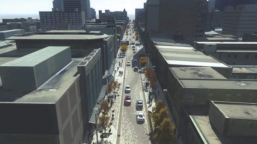 A pre-construction rendering of Dundas Place.