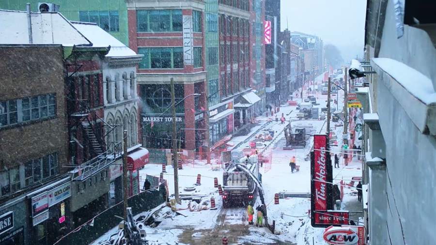 Dundas Place under construction on a snowy winter day. 
